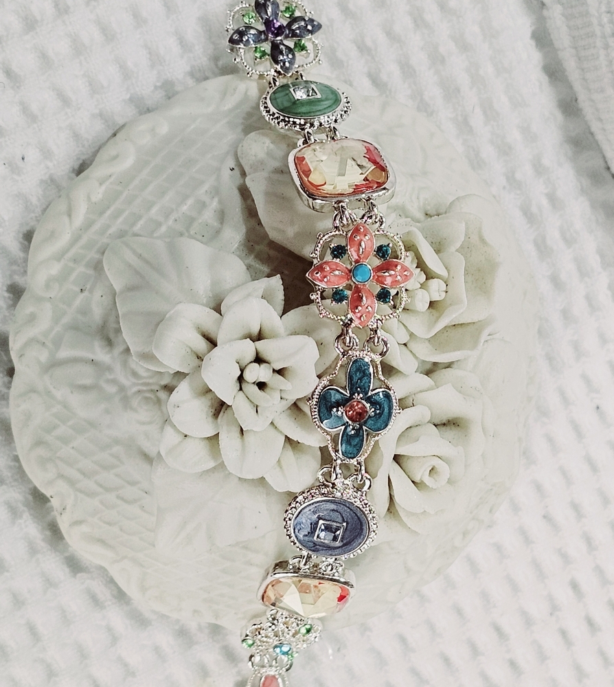 Napier Enamel and Crystal Station Bracelet with Toggle Clasp 7 1/4” - Picture 10 of 14